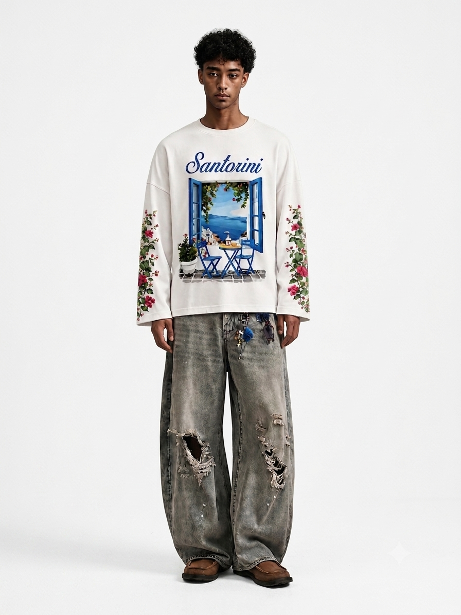 Santorini Bloom Oversized Waffle Tee